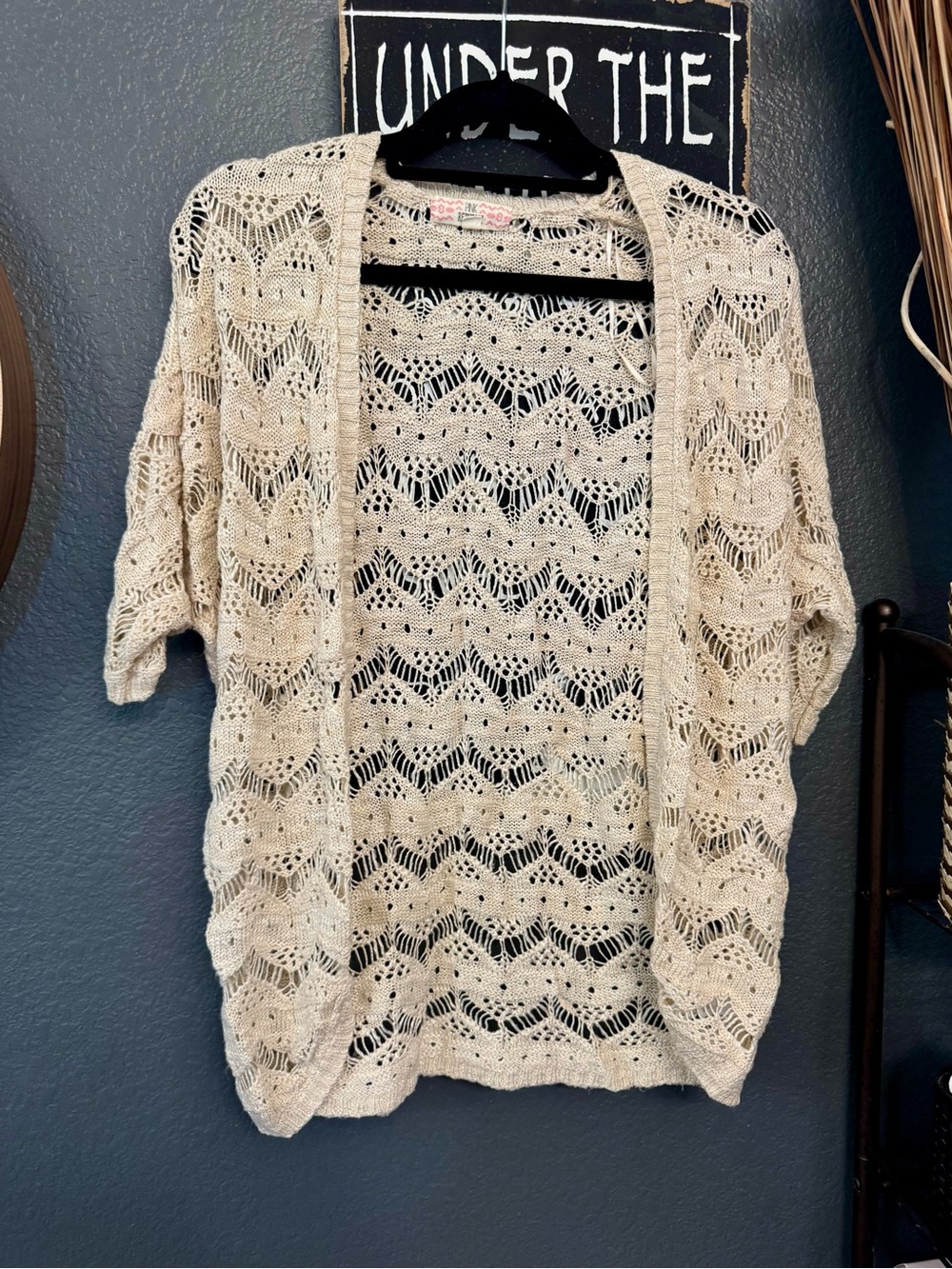 Light Cream Open-Knit Women’s Cardigan Sweater. Large